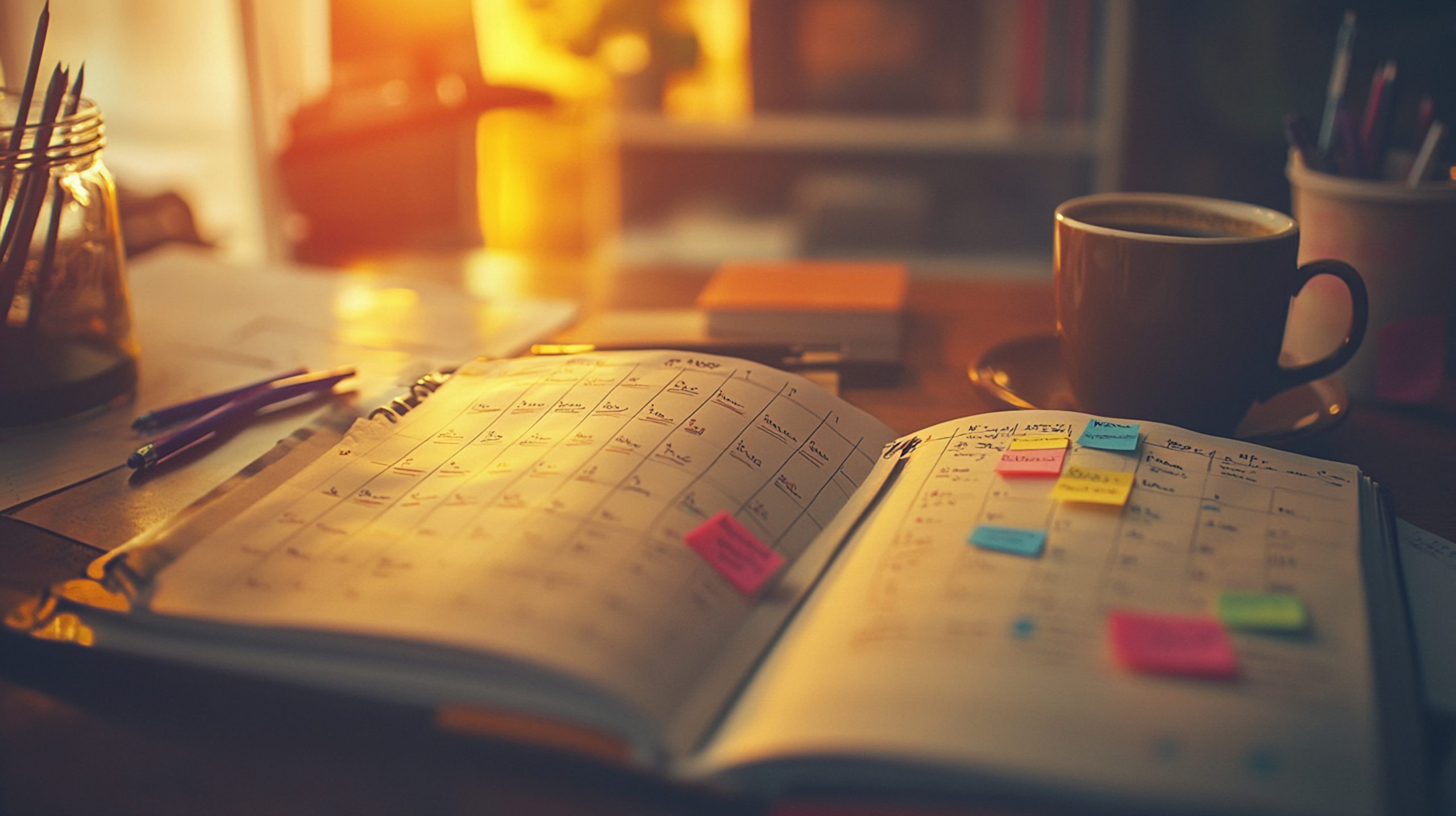 a imagem é de um ambiente de estudos, com luz amarela ao fundo, fazendo sombra no resto da imagem. Sobre uma mesa tem um planner aberto com calendário e alguns post-its colados. A sua frente, uma caneca de café e outros materiais de escritório, como lápis, régua, etc.