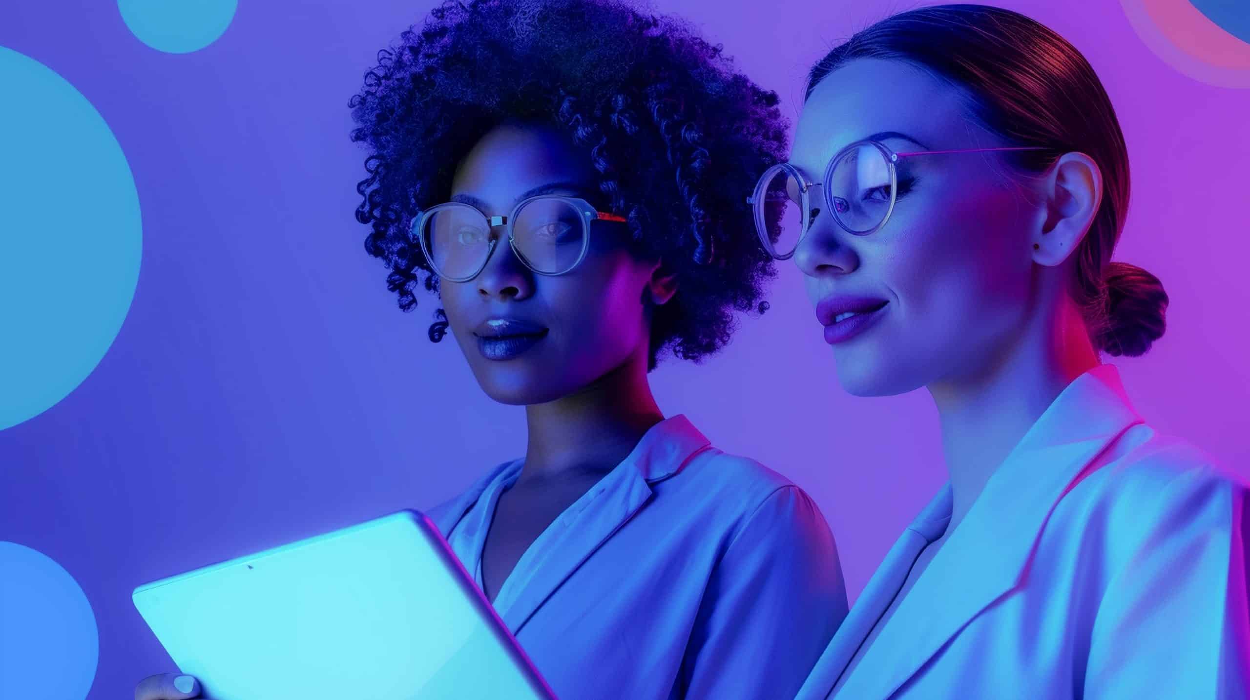 duas mulheres olhando para tablet que estão segurando