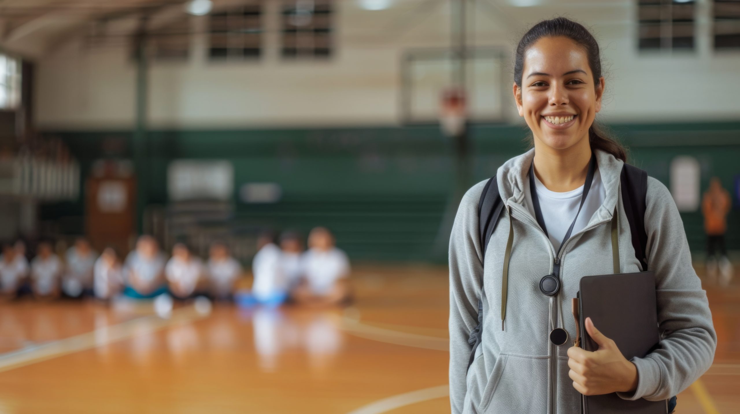 Jovem adulta em um ginásio de esportes. Ela está em pé, sorrindo para a câmera, segurando uma prancheta. Em segundo plano, um grupo de alunos sentados ao chão
