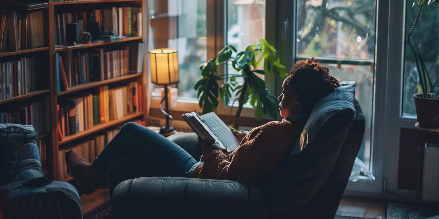 mulher sentada em sua sala de estar lendo um livro