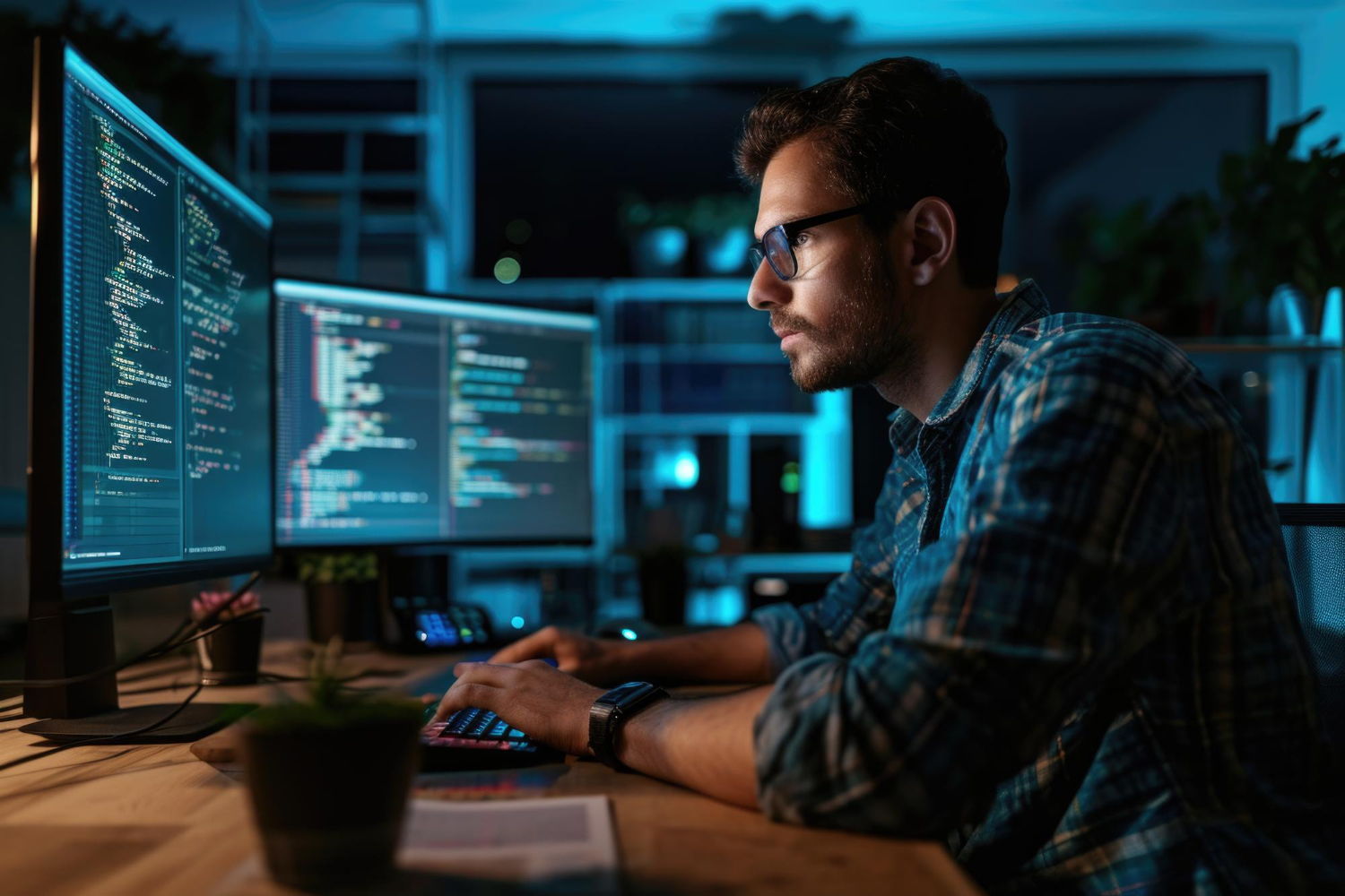 Homem em frente ao computador com linhas de código na tela.