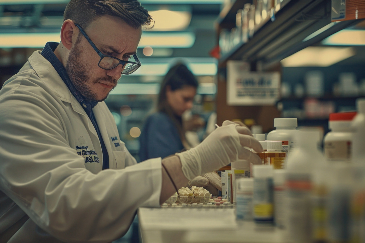 homem em laboratório farmacêutico analisando medicamentos. Imagem gerada por inteligência artificial representando, de forma realista, a profissão