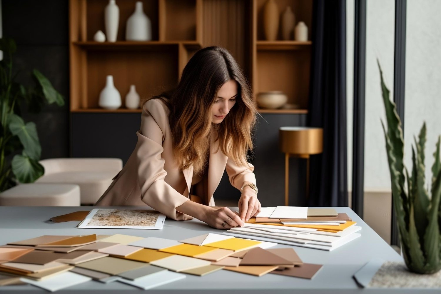 imagem gerada por inteligência artificial de uma profissional trabalhando com materiais do design
