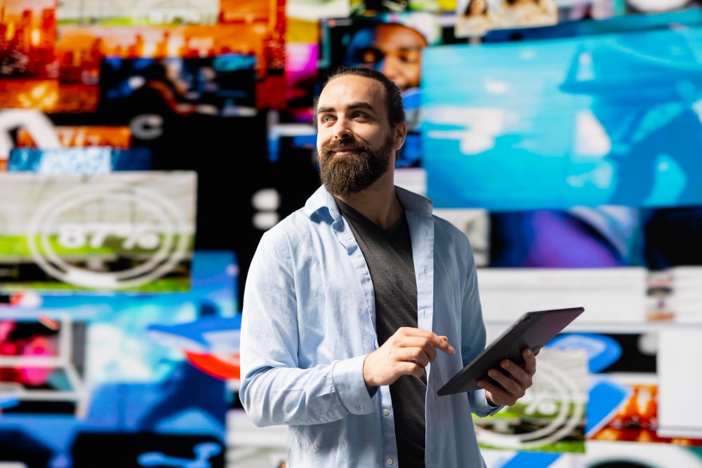 Pessoa em pé com tablet na mão, ao redor vários pontos de tecnologia.